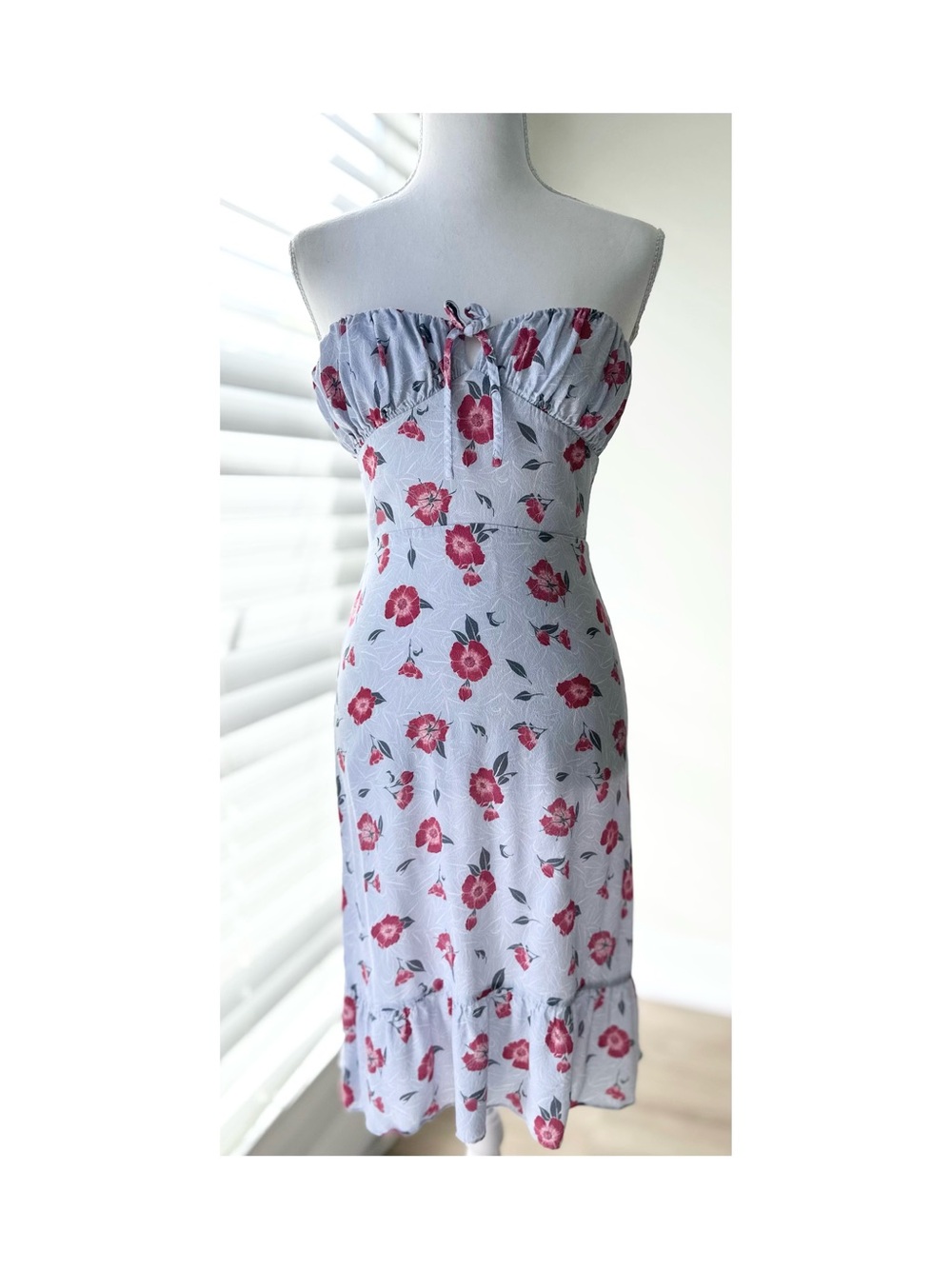 Aritzia Strapless Floral Midi Dress in Light Blue and Red